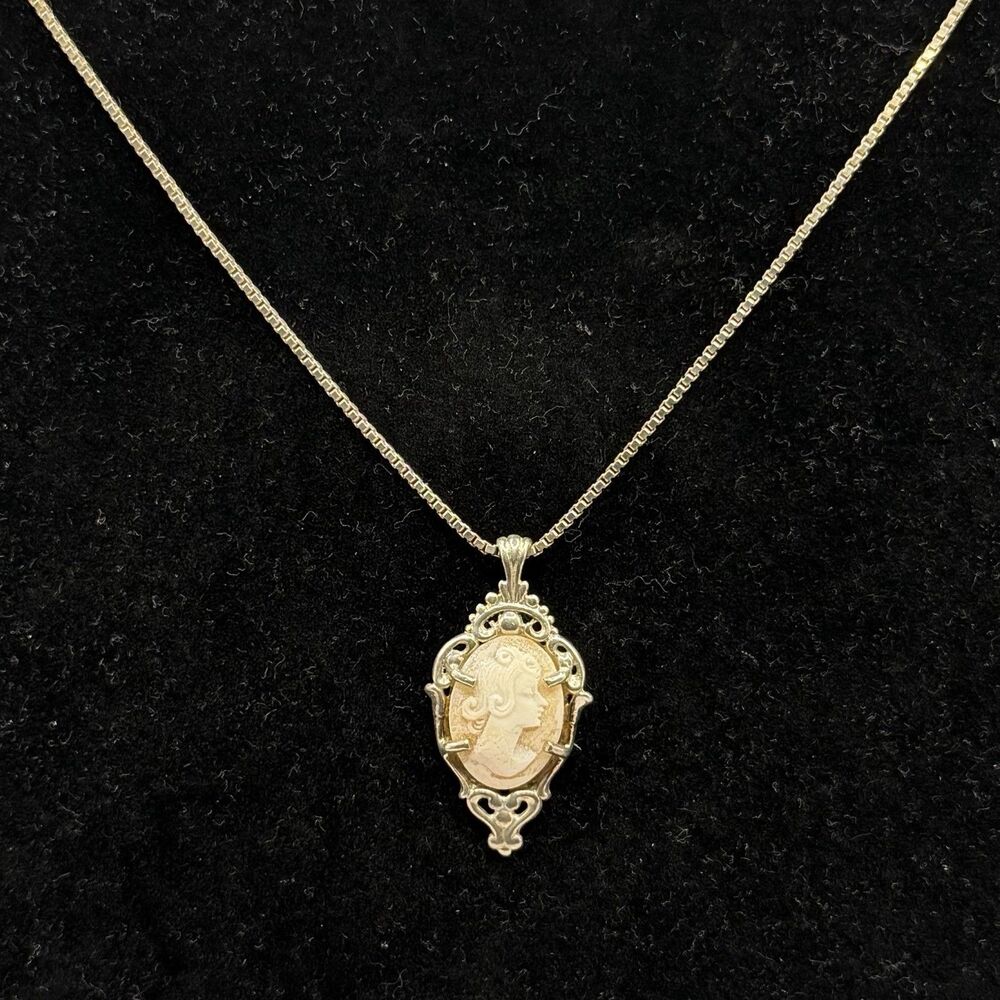 925 Sterling Silver Vintage Cameo Pendant Necklace Ornate Filigree 22"